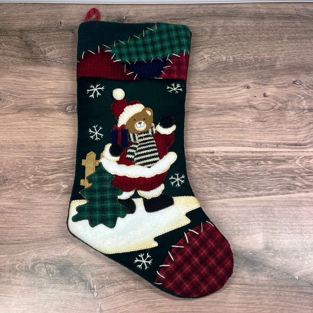 Vintage Prima Creations 2003 Christmas Stocking Green Teddy Bear Santa Patchwork